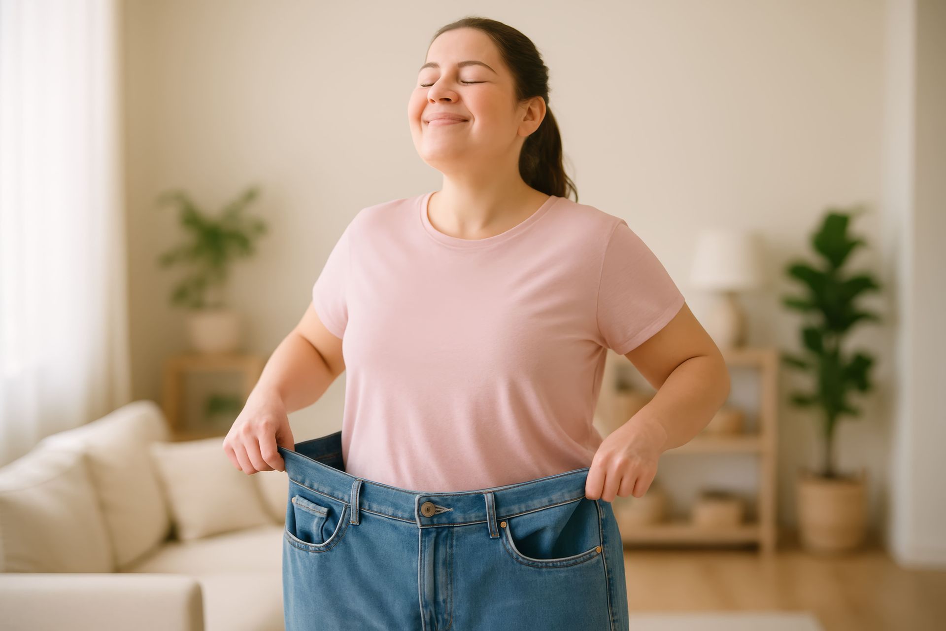 Pessoa sorrindo enquanto veste calças jeans largas em uma sala de estar bem iluminada.