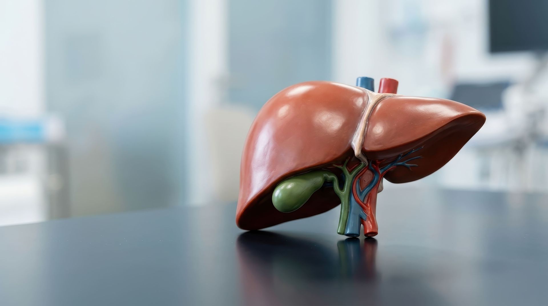 Modelo anatômico de fígado sobre uma mesa, com uma pequena vesícula biliar e vasos sanguíneos