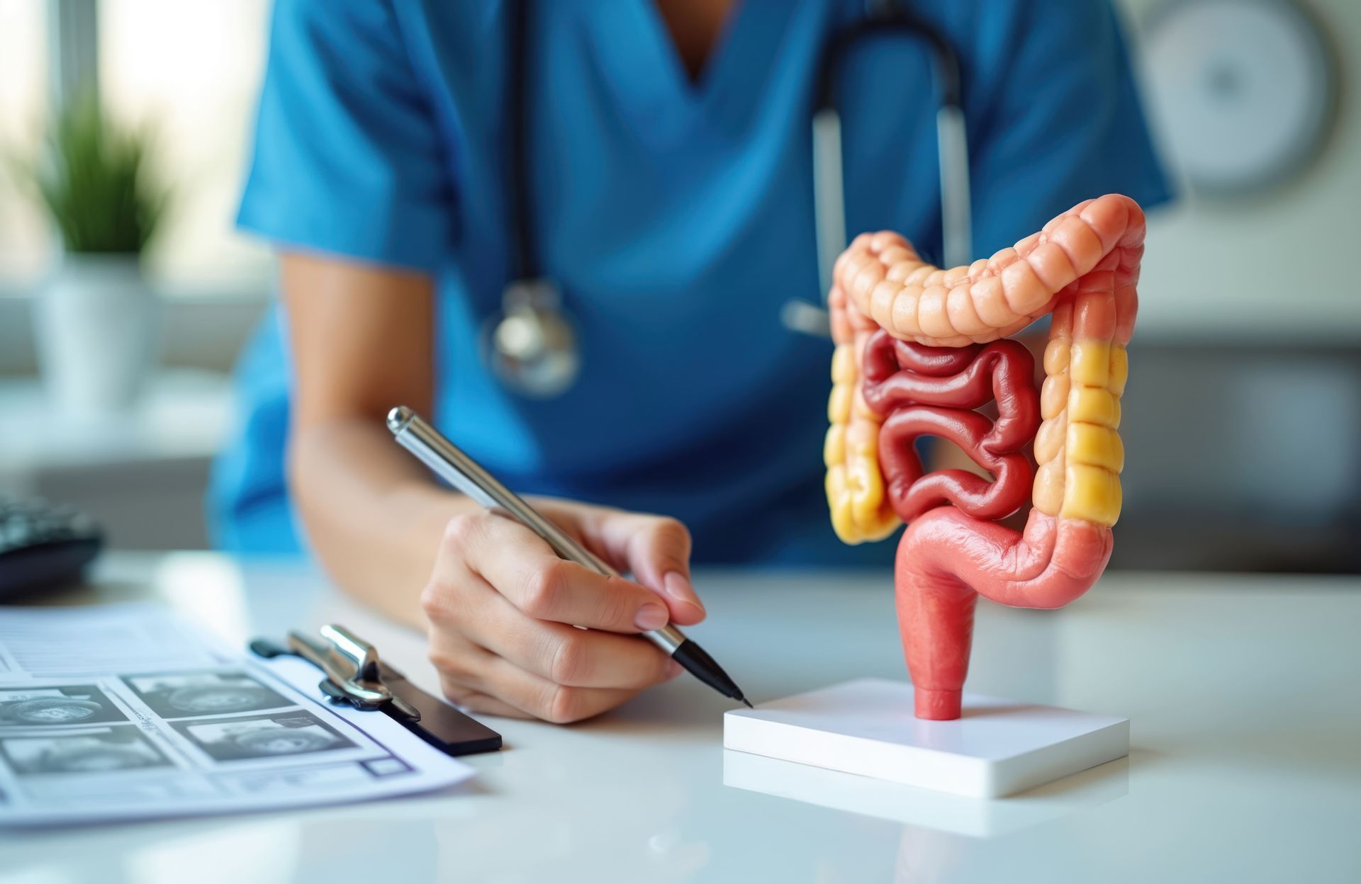 Médico ao lado de um modelo de cólon, fazendo anotações em uma mesa de clínica.