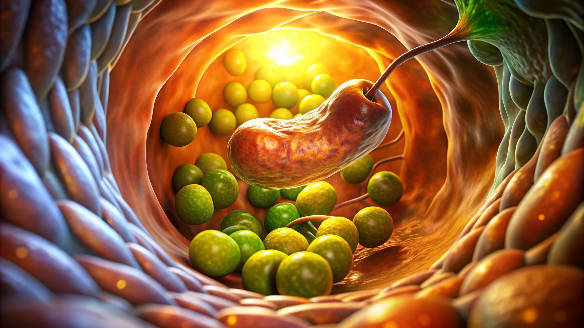 Ilustração 3D colorida representando a colecistectomia de um compartimento alimentar em forma de túnel