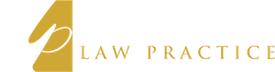Gold triangular law practice logo with white scale icon and &ldquo;LAW PRACTICE&rdquo; text on white background