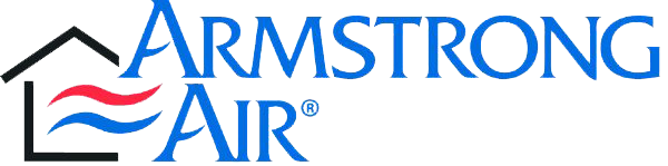 The Armstrong Air logo featuring blue text and a black house outline with red and blue wavy lines.
