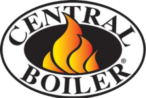 Central Boiler logo: an oval frame containing a stylized orange and yellow flame graphic over black text.