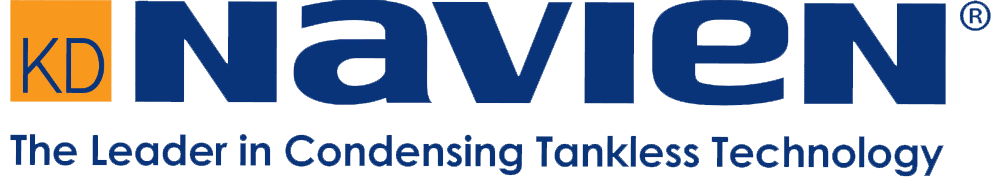 Navien company logo with the text "The Leader in Condensing Tankless Technology" in blue and orange.