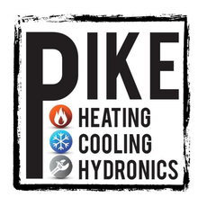 Logo for Pike Heating, Cooling, and Hydronics featuring text icons for fire, a snowflake, and a wrench.