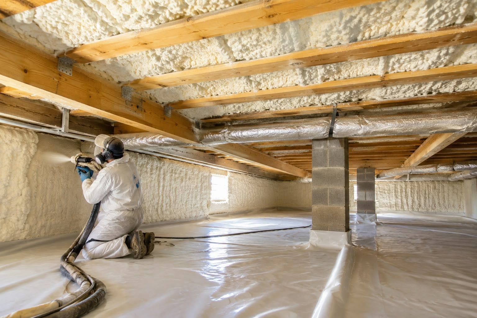Worker installing crawl space spray foam by Foam Insulation Solution in Yakima WA for moisture protection
