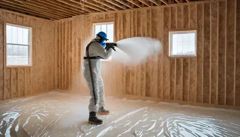 Technician spraying foam insulation indoors by Foam Insulation Solution in Yakima WA for improved efficiency