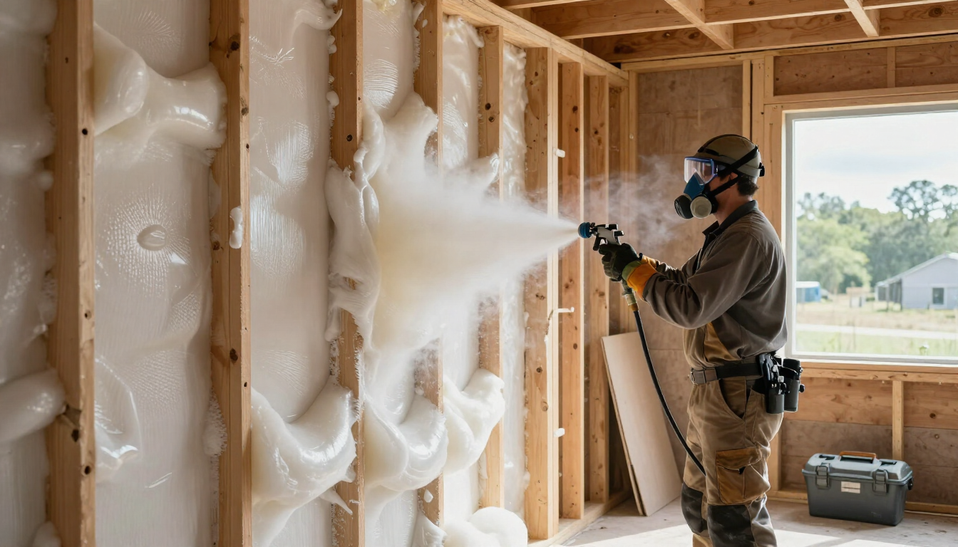 Technician applying spray foam wall insulation by Foam Insulation Solution in Yakima WA for energy efficiency