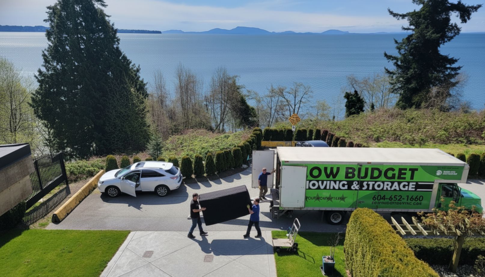 Movers loading a dark couch into a 