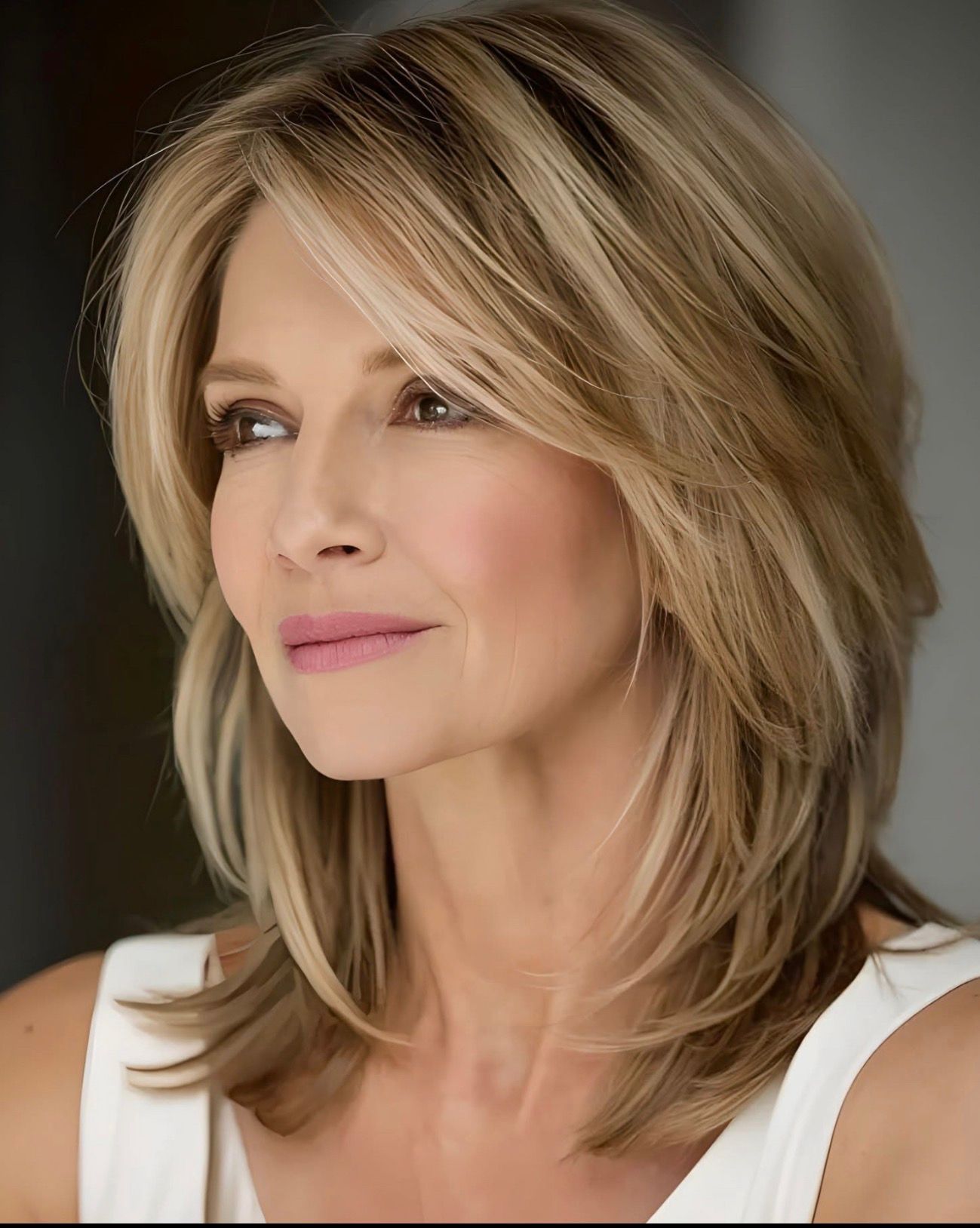 Blonde woman in a white top with a soft, thoughtful expression against a gray background