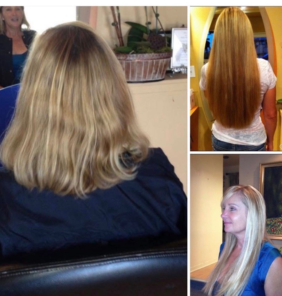 Collage showing a blonde haircut transformation: shoulder-length waves, straightened back view, and side profile.