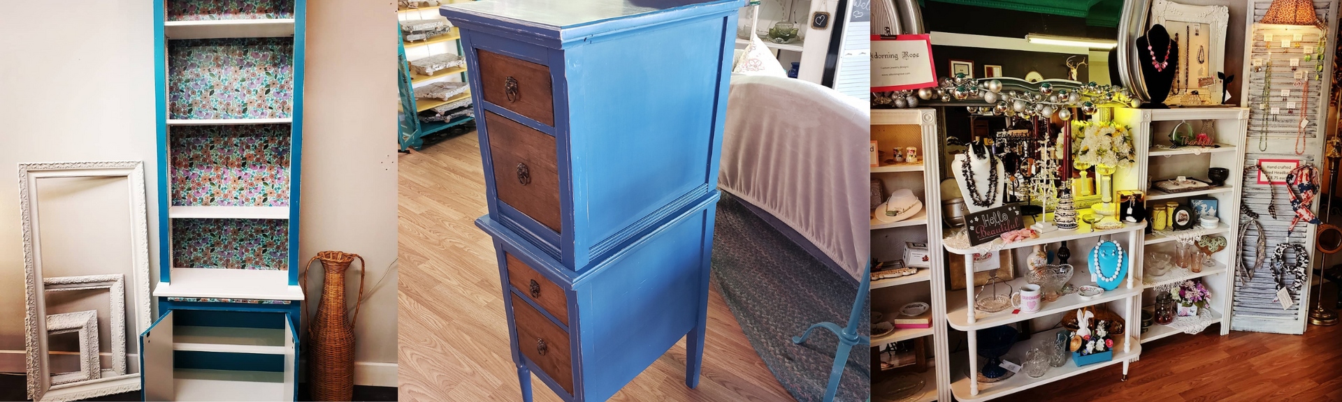 Blue storage bins in a bedroom and closet, with shelves of folded items and collectibles.
