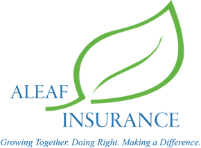 Green leaf logo for ALEAF INSURANCE, with text below: "Growing Together. Doing Right. Making a Difference."