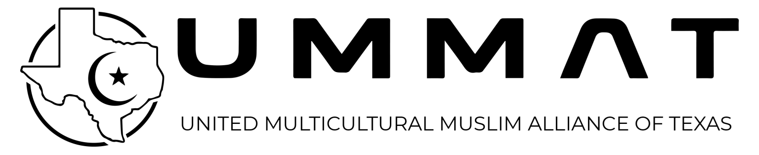 Logo of the United Multicultural Muslim Alliance of Texas: black text, the state outline with a crescent moon and star.
