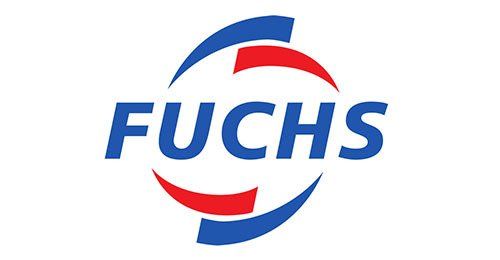 Logo per Fuchs, azienda produttrice di lubrificanti. Archi blu e rossi circondano il testo blu.