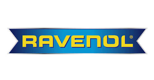 Logo Ravenol: testo giallo su banner blu, con contorno bianco e blu.