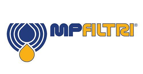 Logo per MP Filtri, caratterizzato dal simbolo di una goccia blu e oro con il nome dell'azienda in blu e oro.