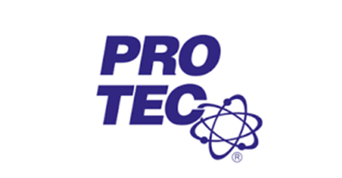Logo PRO TEC con testo blu e icona di un atomo stilizzato.