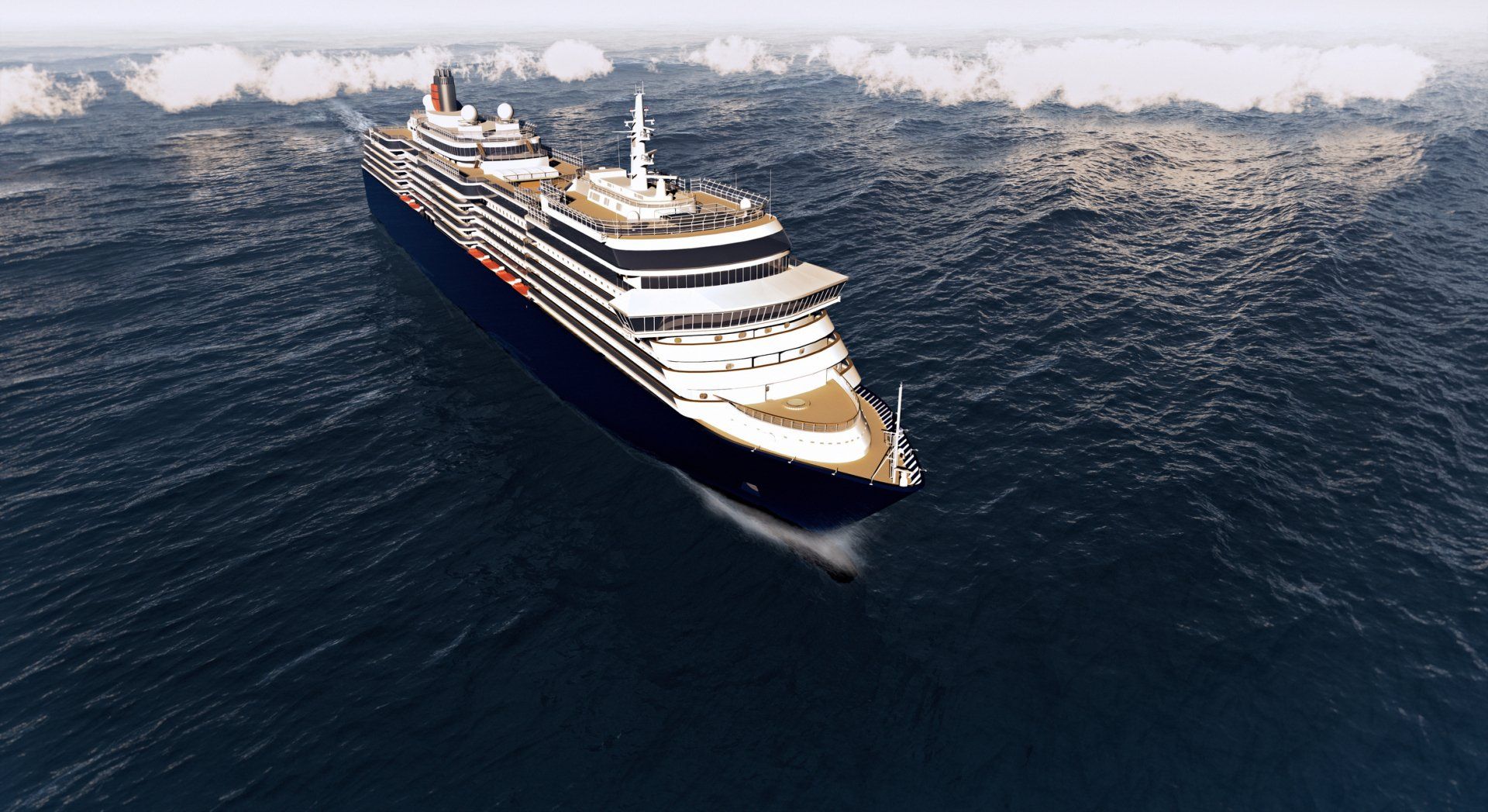 Una nave da crociera naviga su un mare blu scuro e agitato. La nave è bianca e blu, con una minima copertura nuvolosa nel cielo.
