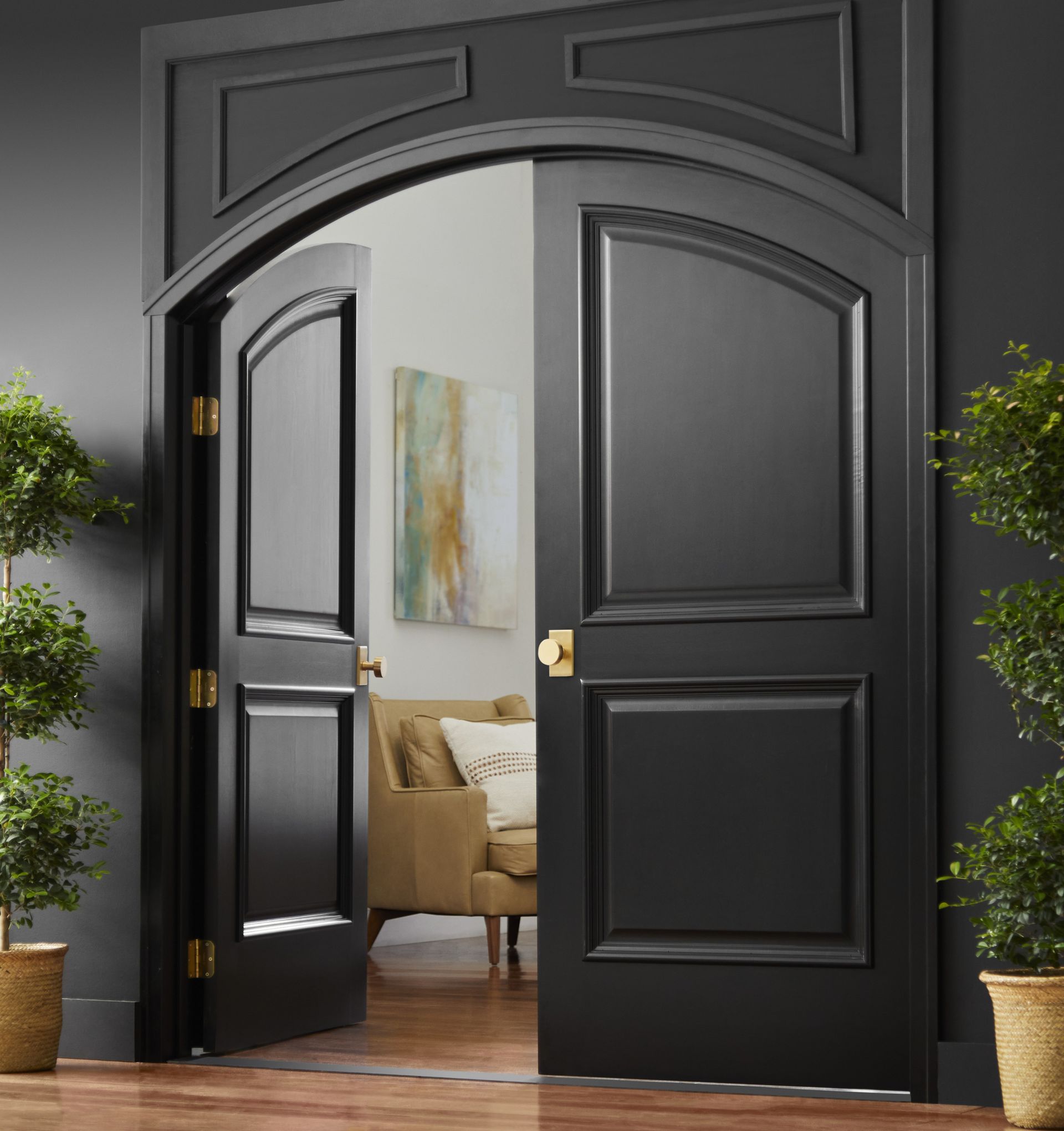 Black double doors with arched top, open to a room with a tan sofa and artwork.