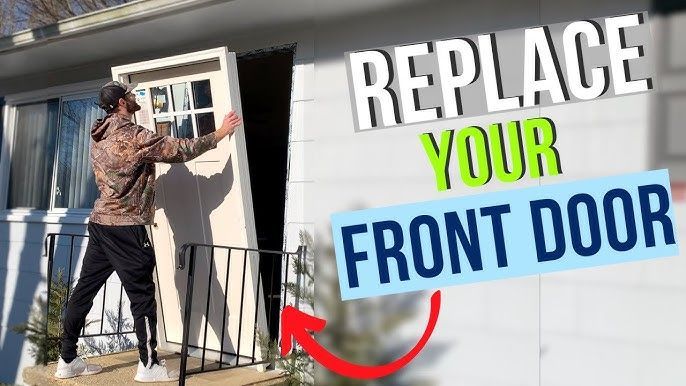 Man replacing a front door on a white house. Headline