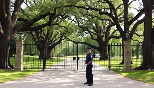 A uniformed security guard stands before a gated entrance lined with trees.