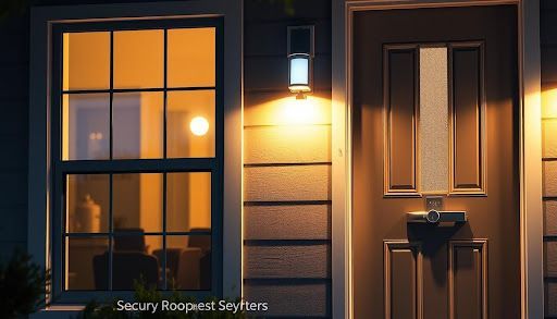 Exterior of a house at night, illuminated by a wall-mounted light. Window reflects interior lights.