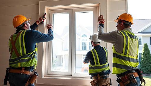 Three construction workers installing a window, wearing yellow safety vests and hard hats.