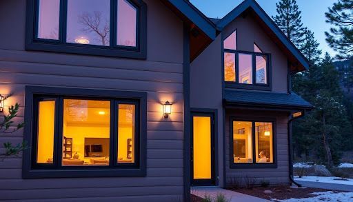 House exterior at dusk, lit windows glow orange, against a blue sky.