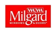 Milgard Windows & Doors logo in white text on a red rectangle with