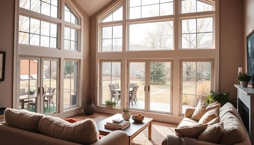 Living room with large windows overlooking a backyard, beige couches, coffee table, and plants.