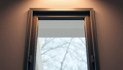 A tall, closed window with a neutral frame, reflecting a glimpse of a tree and white shade, on a light-toned wall.