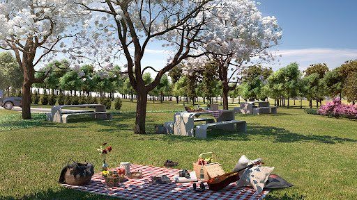 A impressão artística de um piquenique em um parque.