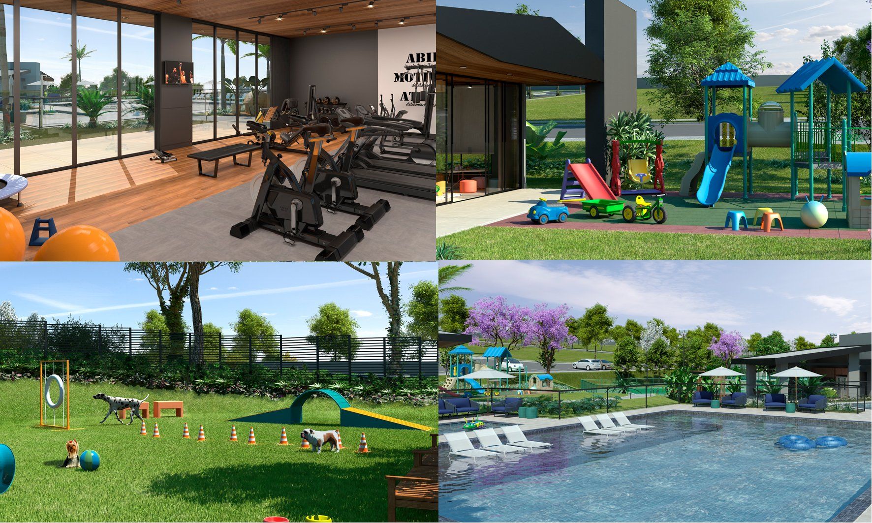 Uma colagem de fotos de uma academia, um playground e uma piscina