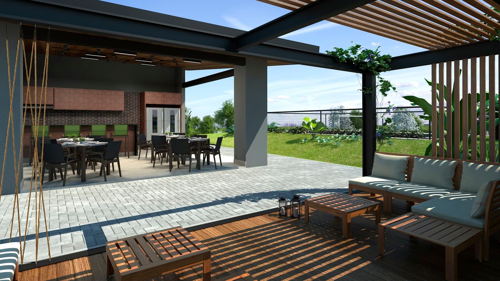 Impressão artística de um pátio com mesas e cadeiras sob uma pérgola.