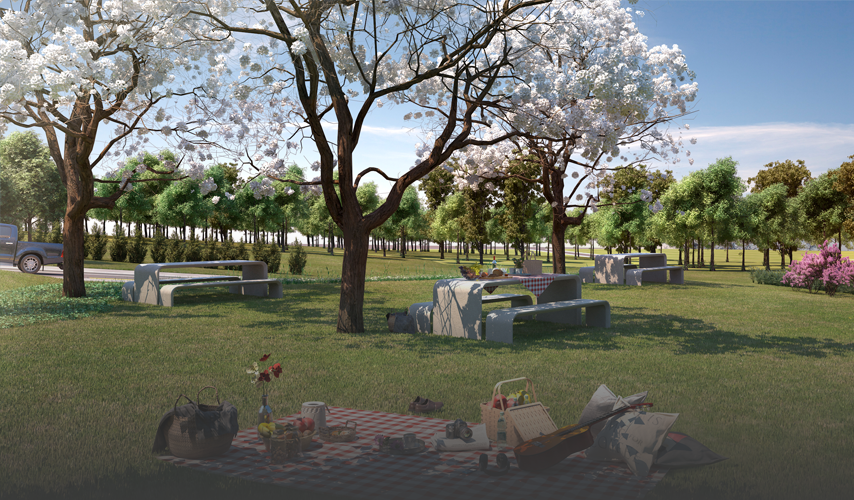 Uma impressão artística de uma área de piquenique em um parque.