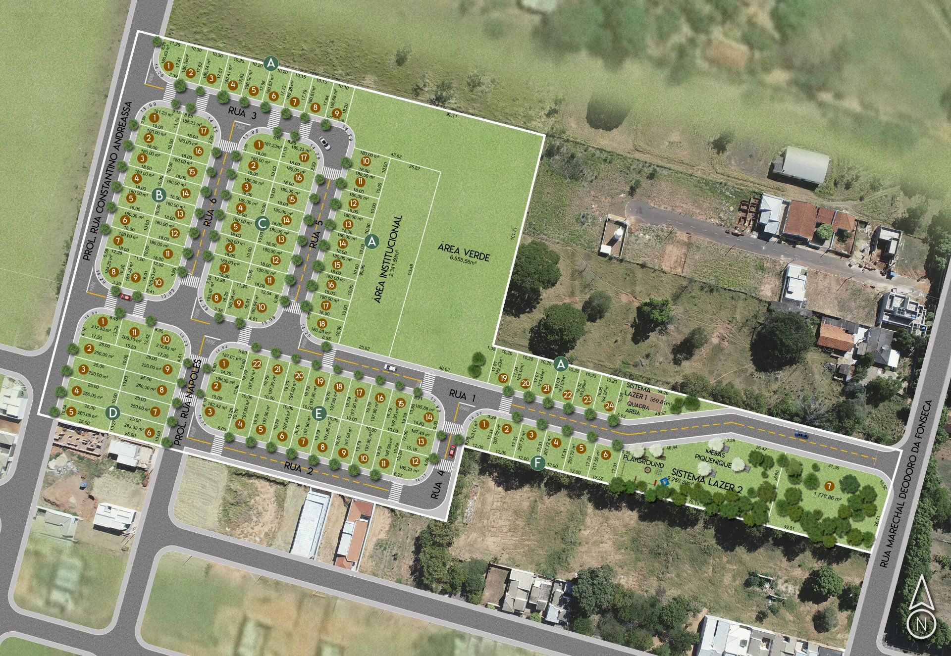 Uma vista aérea de uma área residencial com muitas árvores