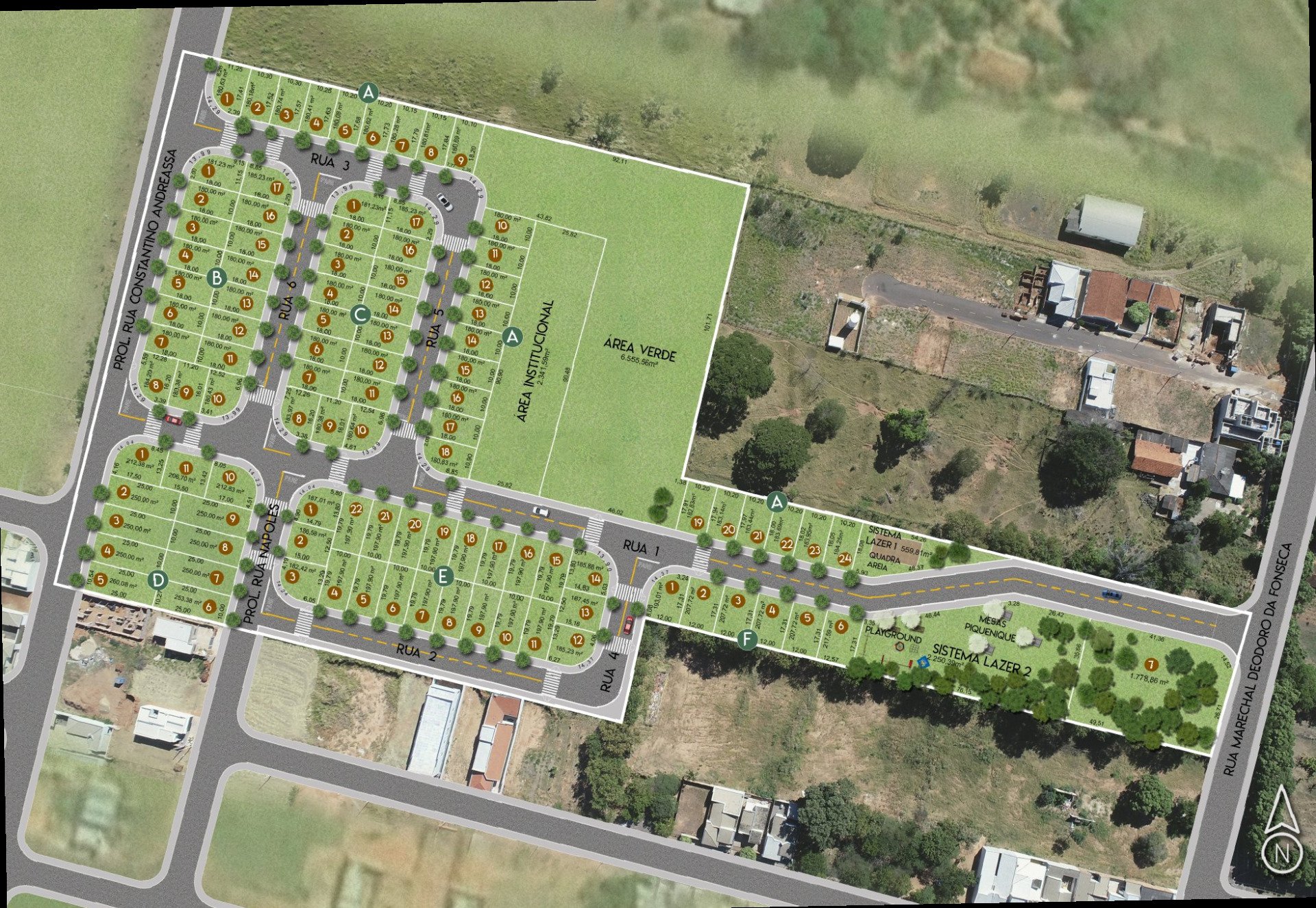 Uma vista aérea de uma área residencial com um campo de futebol no meio