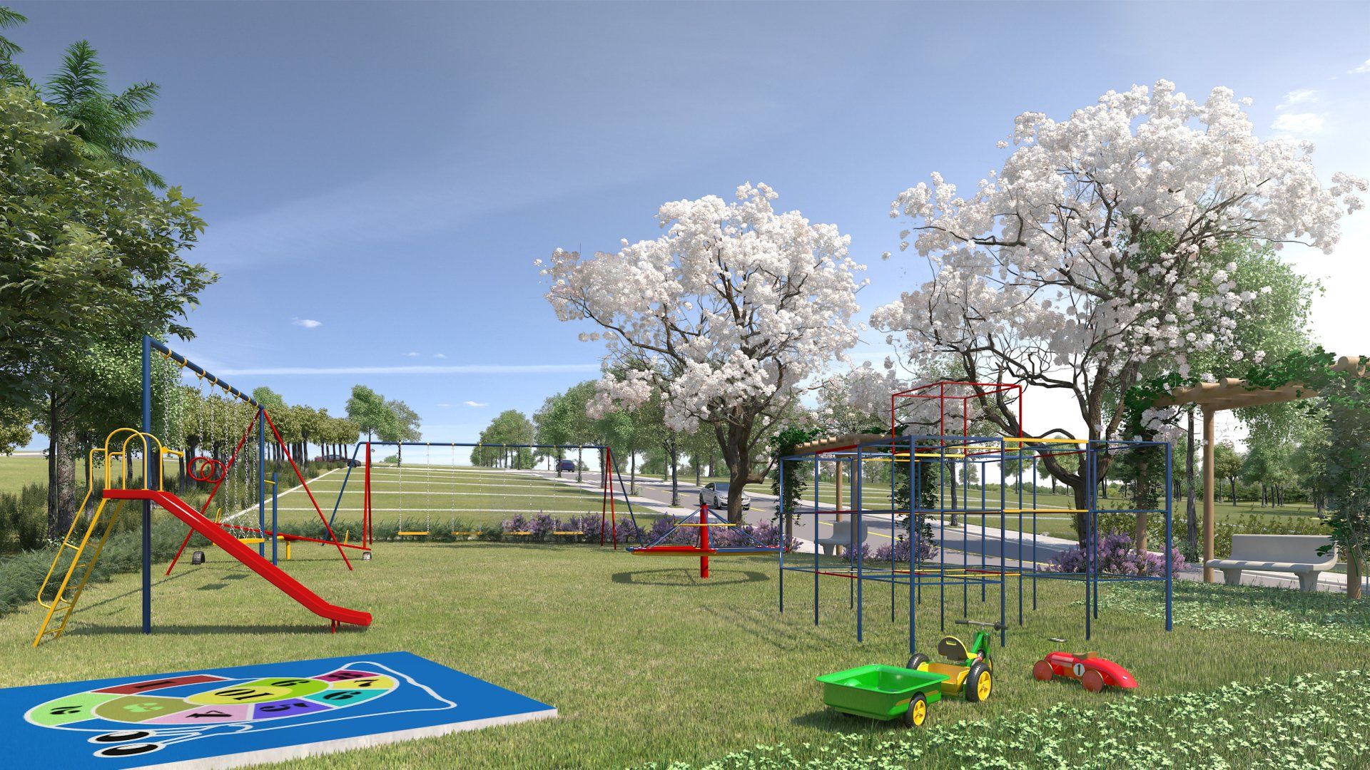 Uma impressão artística de um playground em um parque com árvores ao fundo.