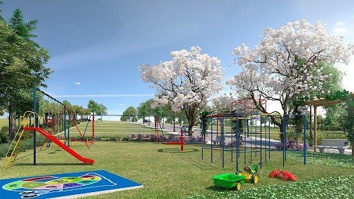 Impressão artística de um playground com árvores ao fundo