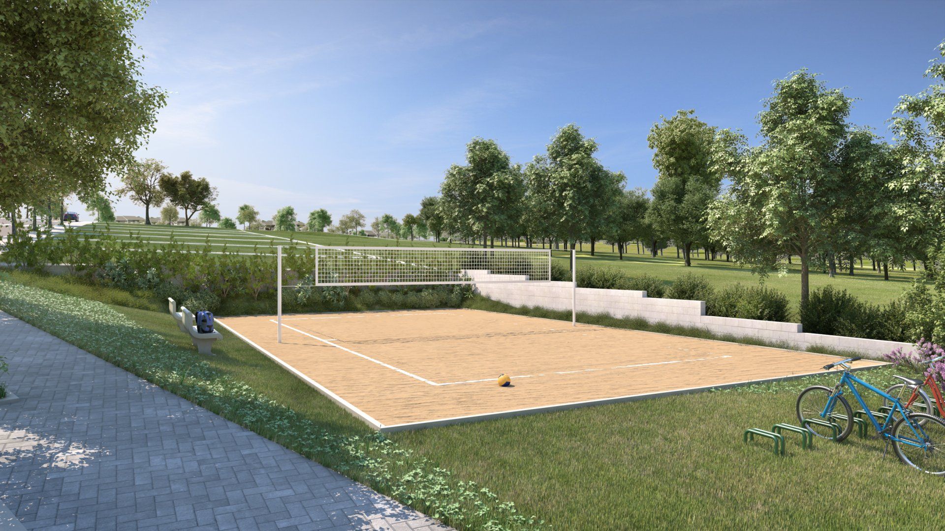 Uma impressão artística de uma quadra de vôlei em um parque.