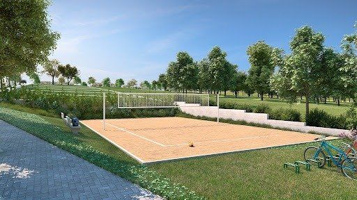 Uma impressão artística de uma quadra de vôlei em um parque.