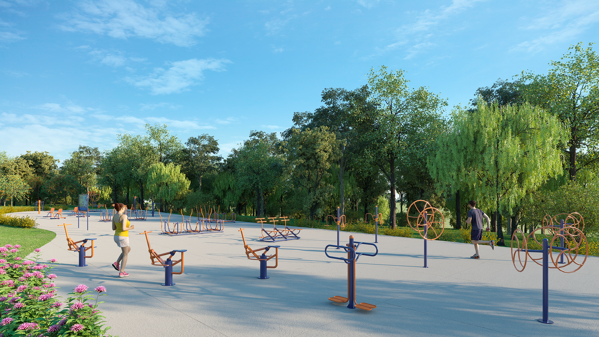 Uma impressão artística de um parque com equipamentos de ginástica e árvores.