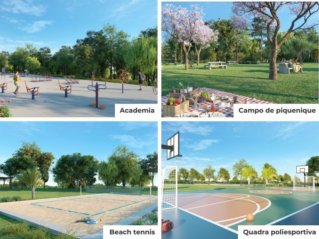 area-de-lazer Uma colagem de quatro fotos de um parque com árvores e uma quadra de basquete.