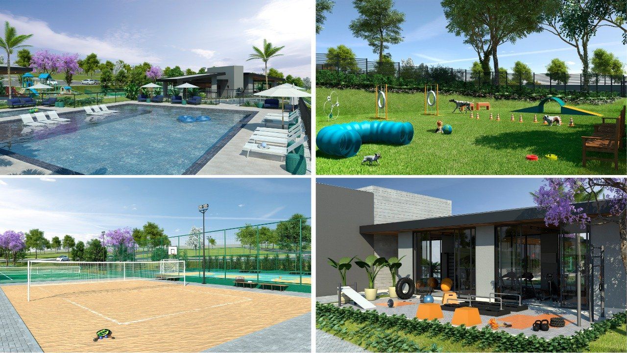 area-de-lazer Uma colagem de quatro fotos mostra uma piscina, uma quadra de vôlei e uma casa