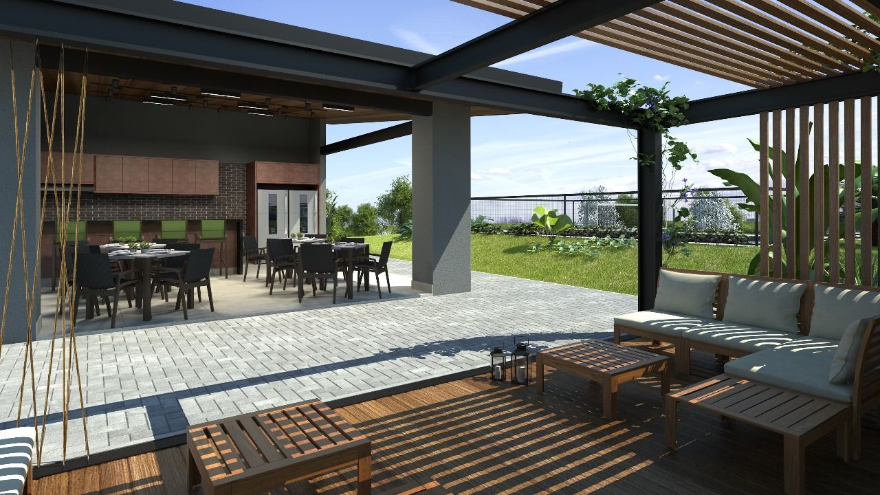 Impressão artística de um pátio com mesas e cadeiras sob uma pérgola.