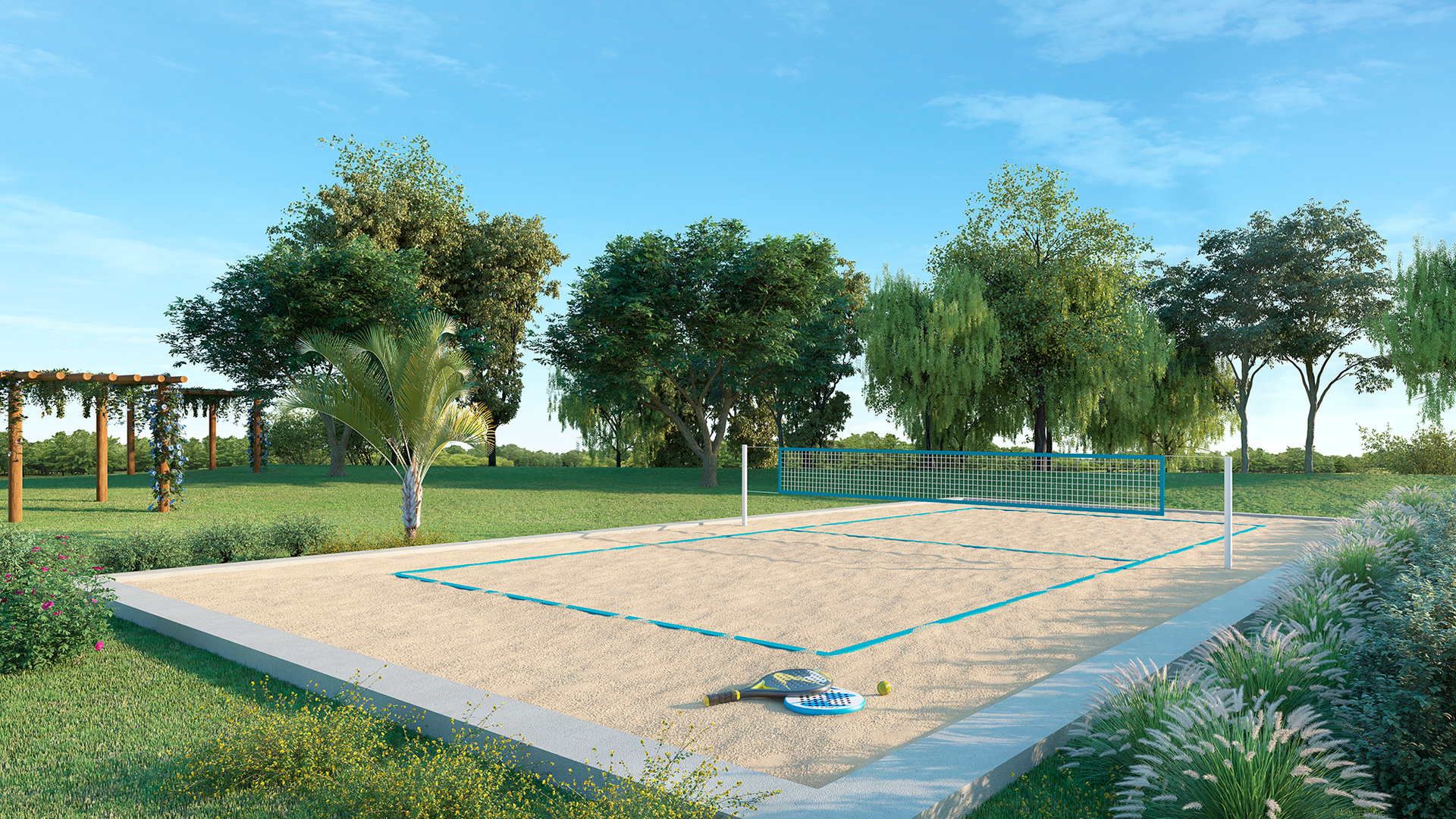 Impressão artística de uma quadra de vôlei em um parque cercado por árvores.