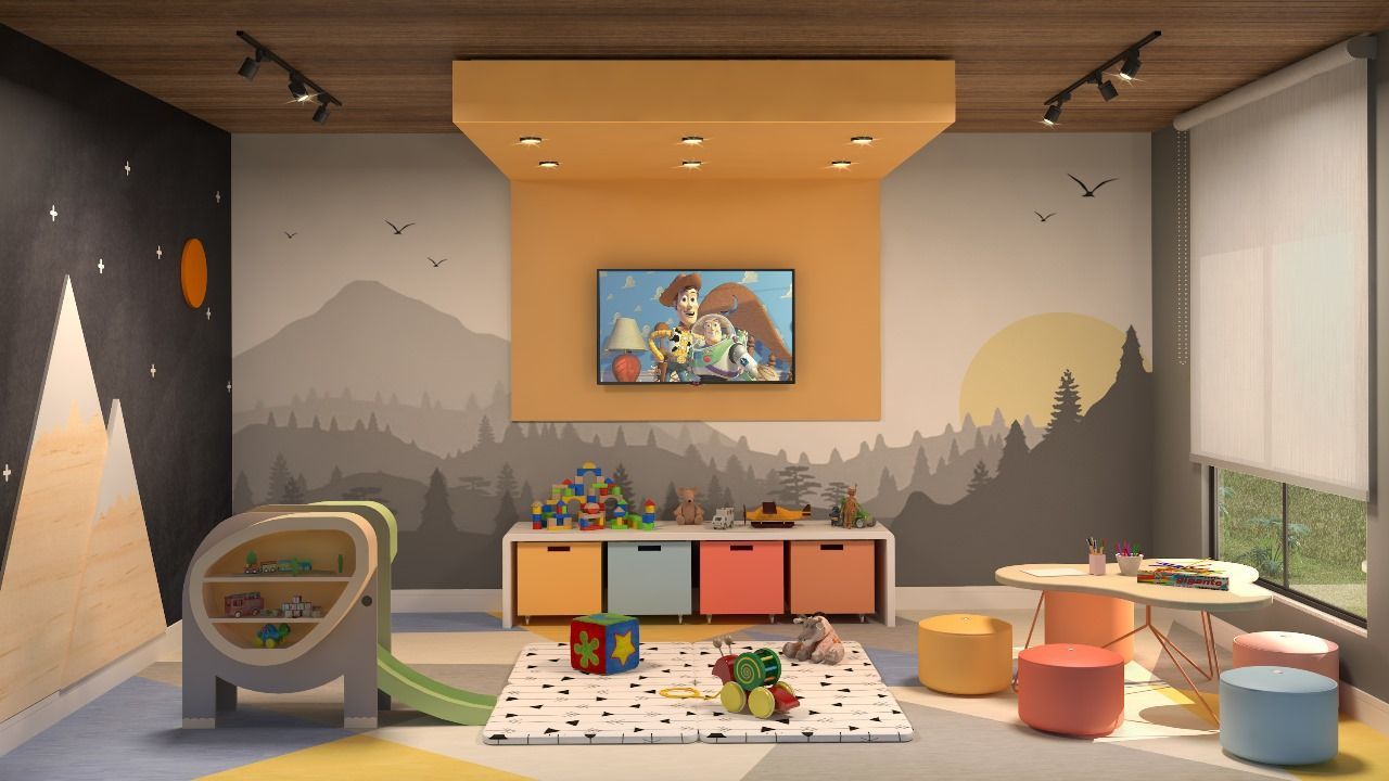 Um quarto infantil com TV na parede e brinquedos no chão.