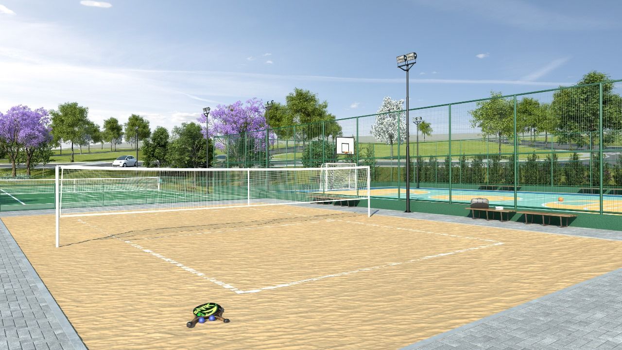 Uma impressão artística de uma quadra de vôlei em um parque.