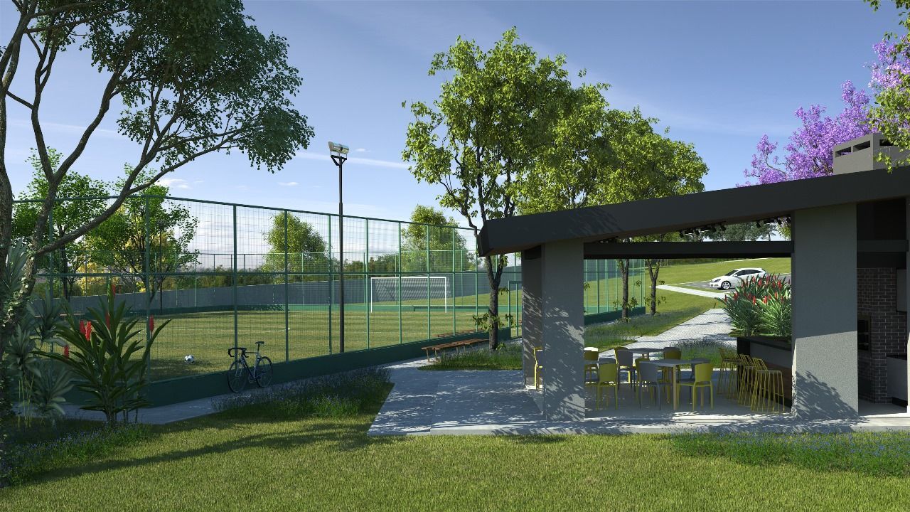 Impressão artística de um campo de futebol com um pavilhão em primeiro plano.